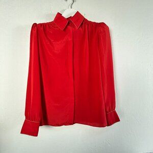 Vintage St. John Womens Red Button-Up Blouse Top Size 6 Puff Sleeve Career